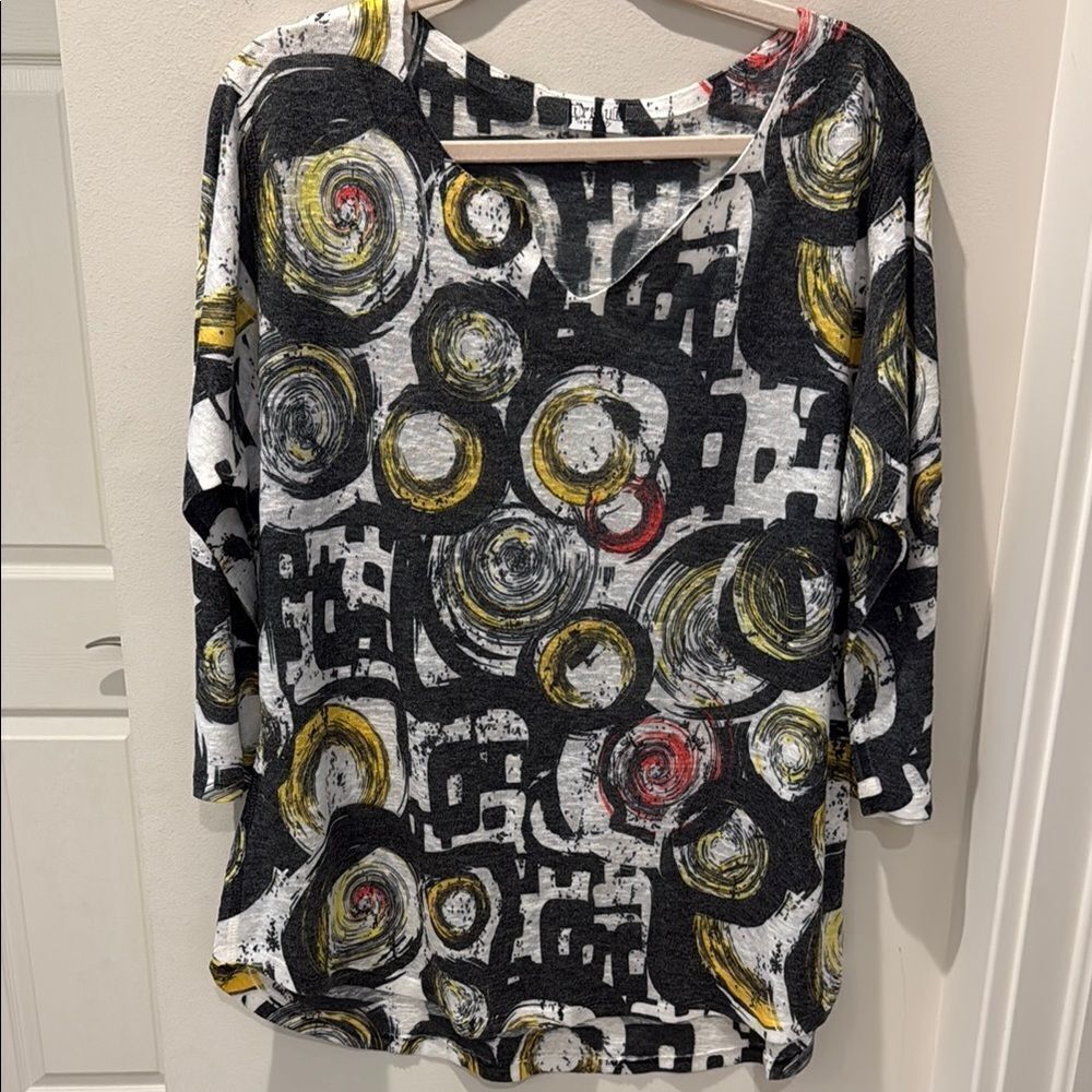 Tribut by Humanity Graphic Black and White 3/4 Sleeve Blouse Art Deco size XL